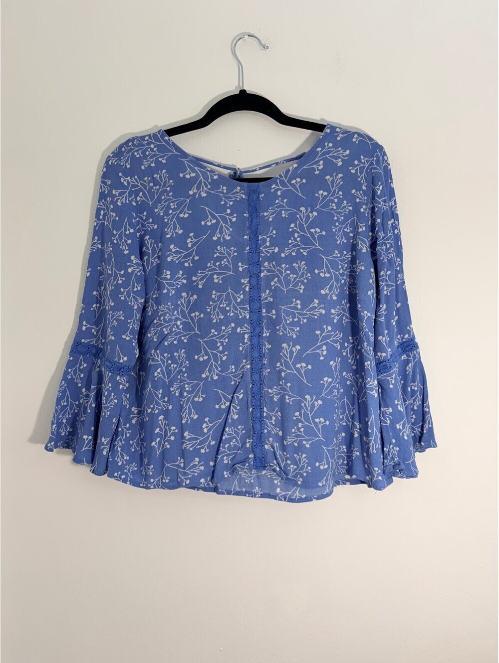 Grayson Threads Blue Floral Bell Sleeve Blouse Rayon Boho Cottagecore Top Size L